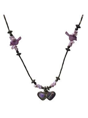 Handmade Purple Beaded Necklace Bird Charms Double Heart Pendant Fashion Jewelry